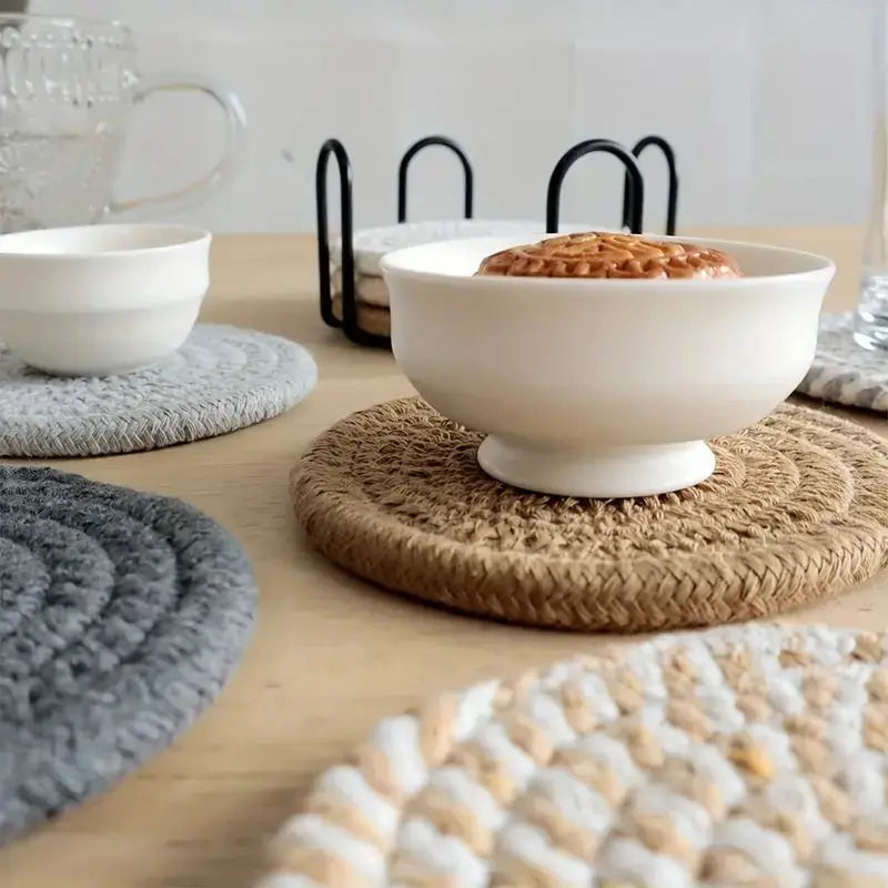 8-delars set absorberande glasunderlägg – minimalistiska, vävda underlägg i bomull för drycker, boho-söt dekoration till soffbordet